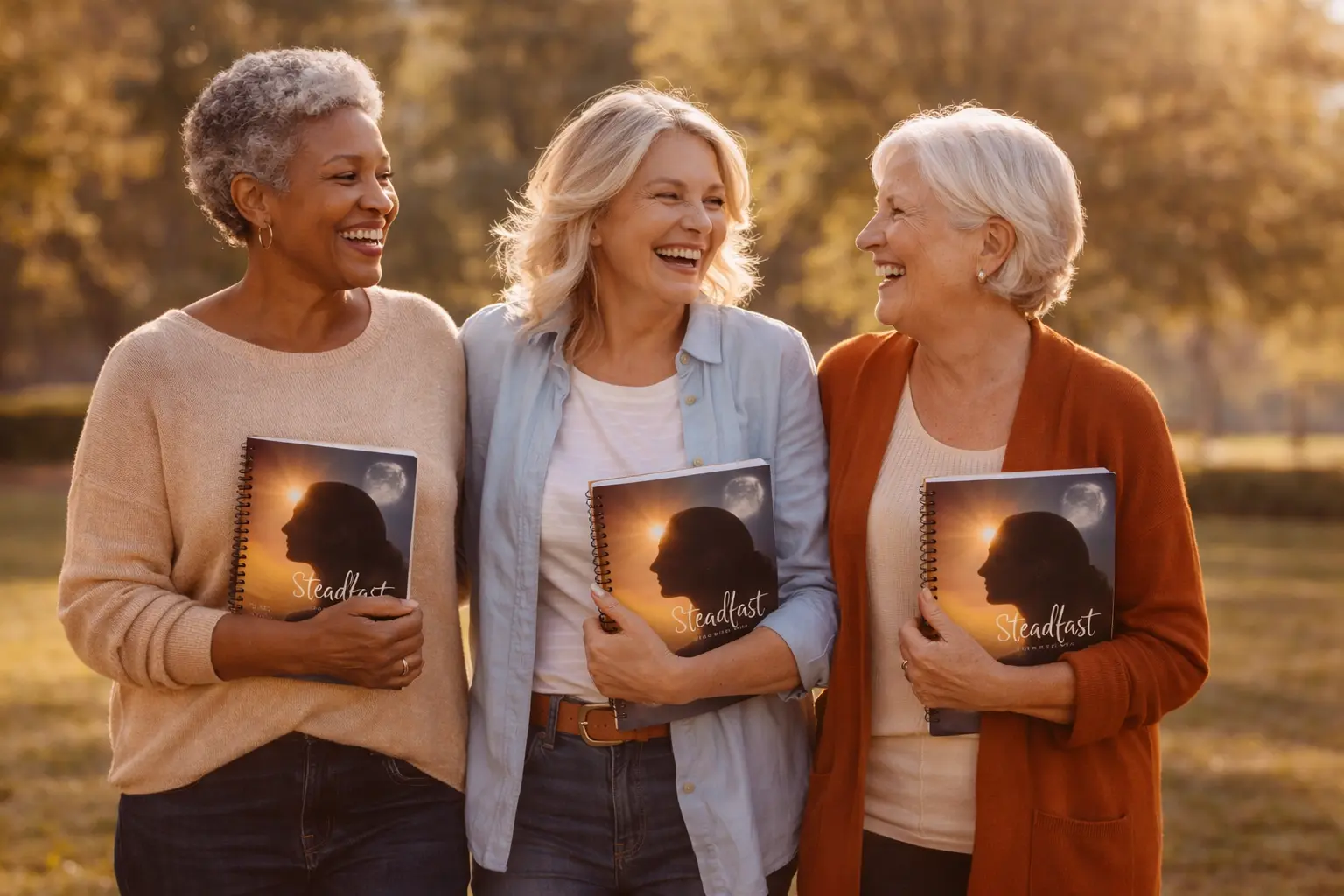 Three women walking together in golden evening light, each holding a Steadfast journal