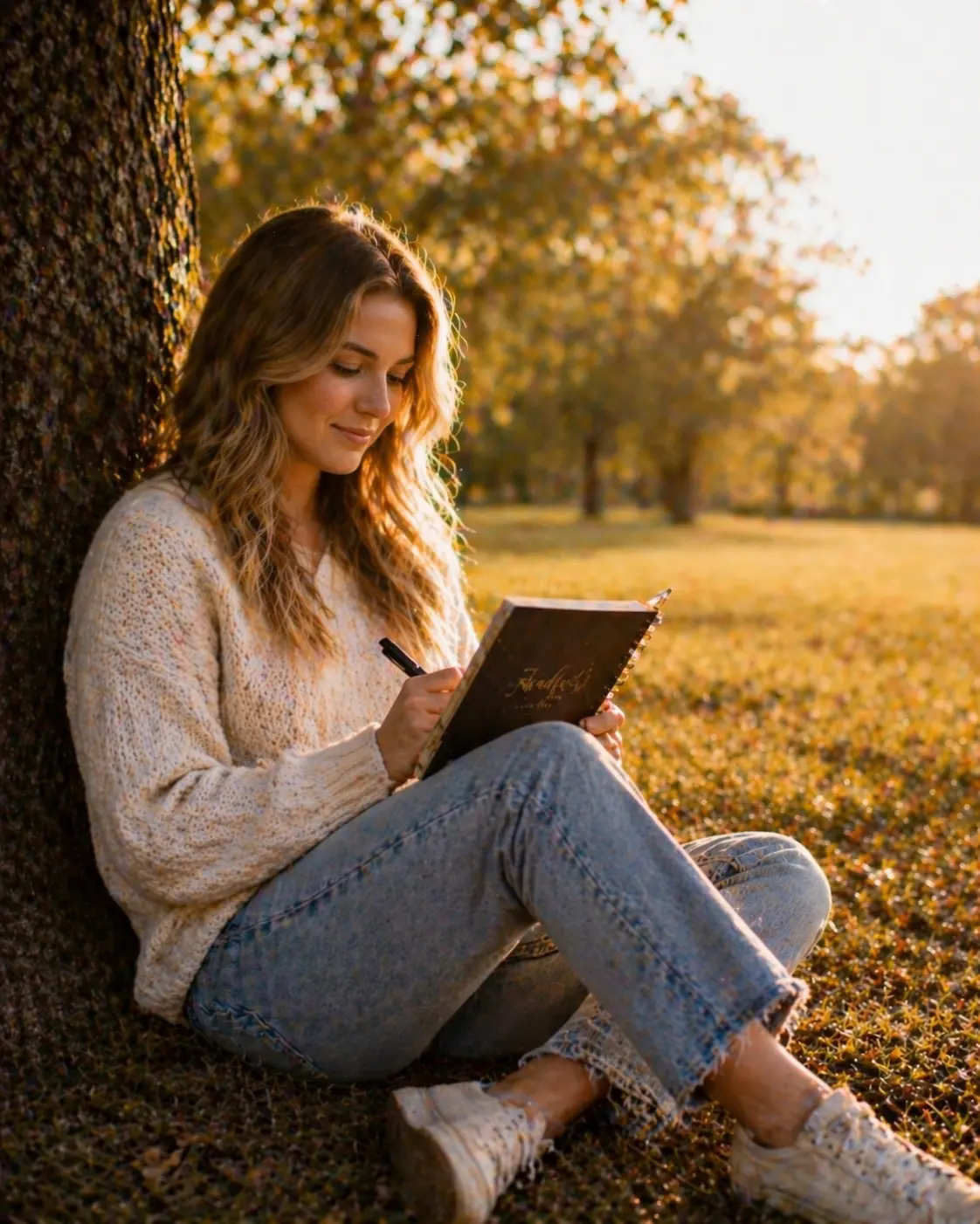 A woman sitting against a tree at sunset, writing in her Steadfast journal