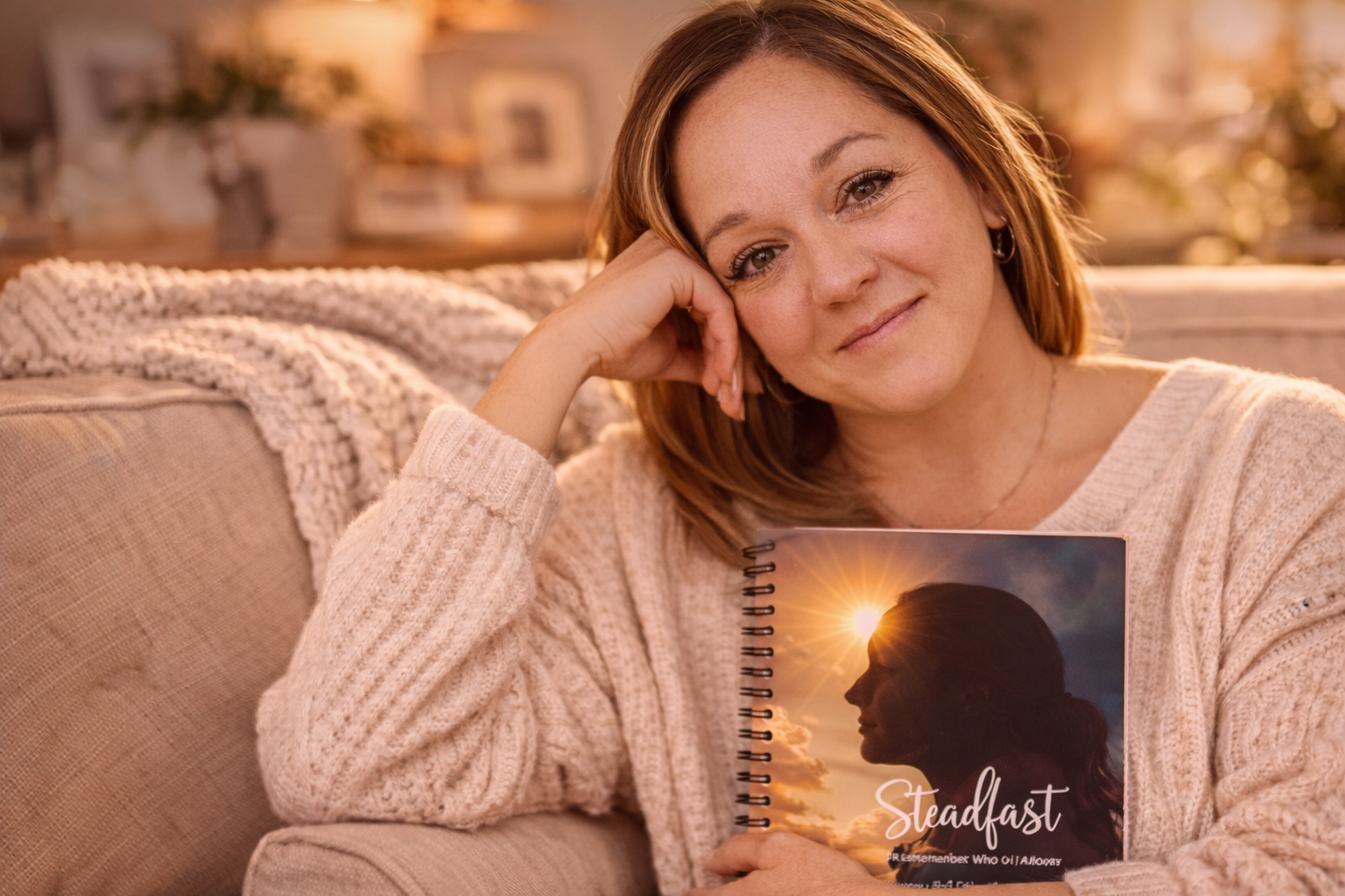 Lisa Wayment resting on a couch with the Steadfast journal