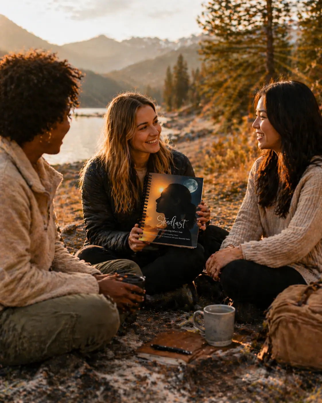Three women sitting in a circle by a mountain lake at sunset, one holding the Steadfast journal