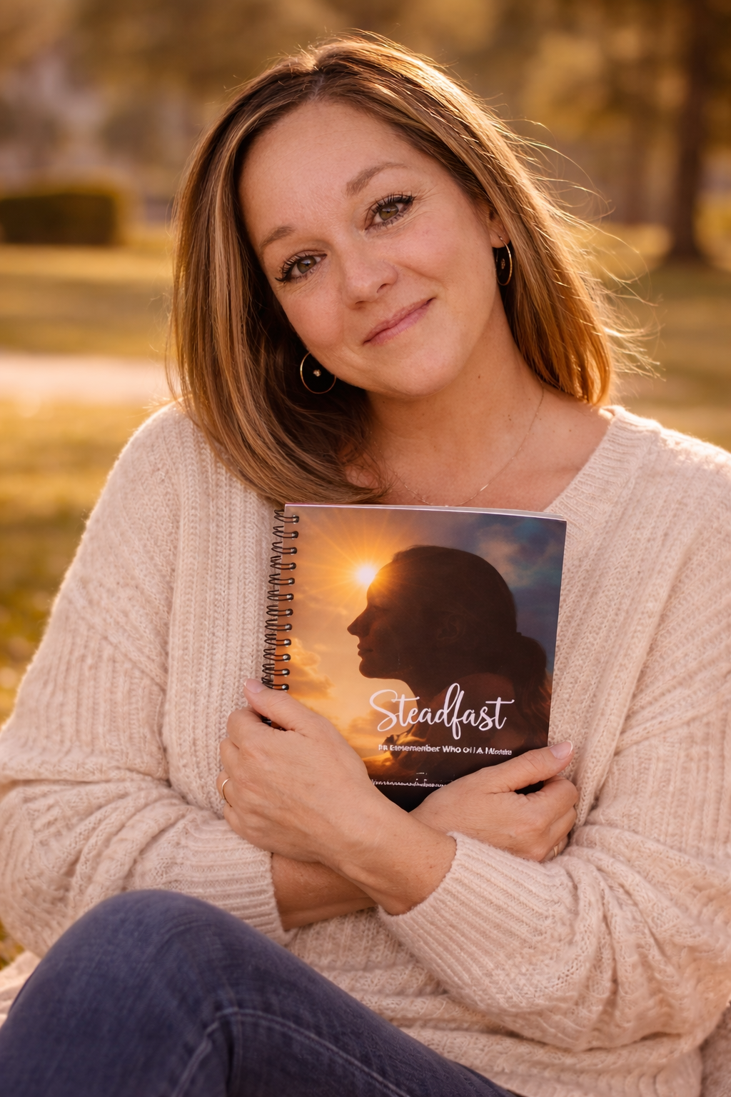 Lisa Wayment sitting outside holding the Steadfast journal