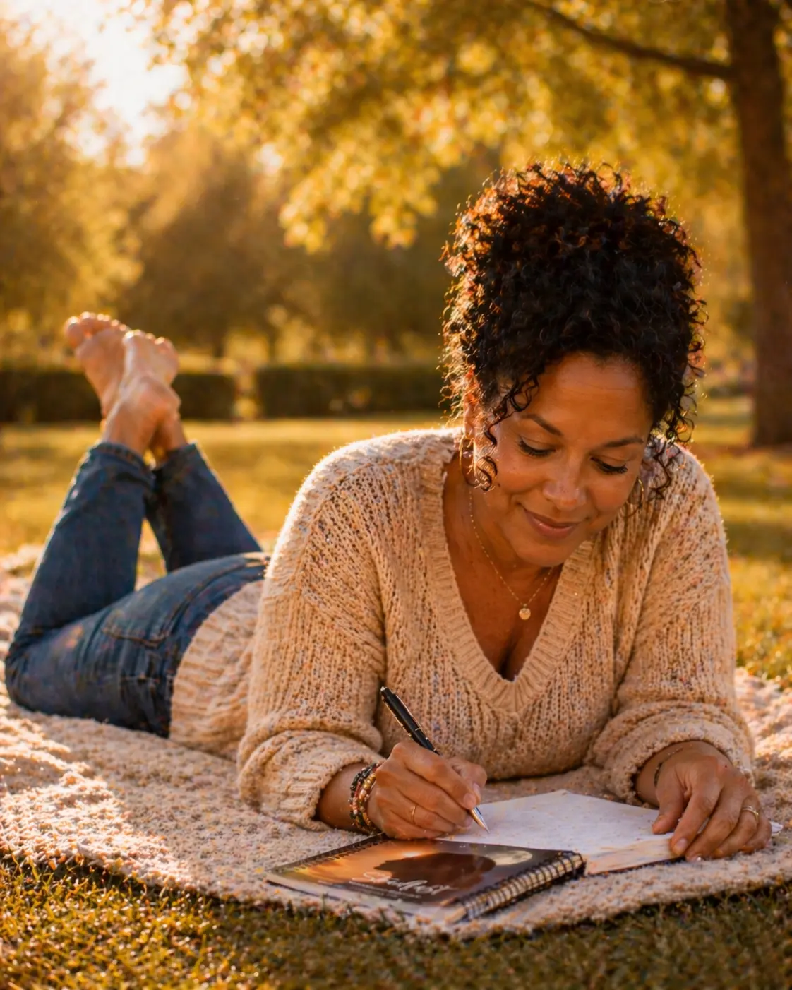 A woman lying on a blanket in a park in autumn light, writing in her Steadfast journal