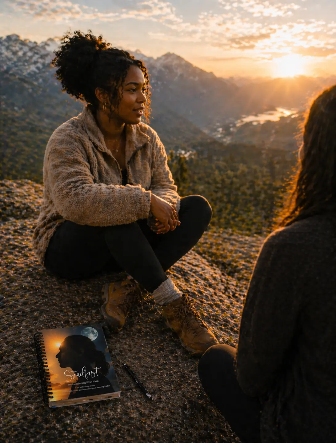 Two women talking quietly on a mountain overlook at sunrise, the Steadfast journal resting beside them